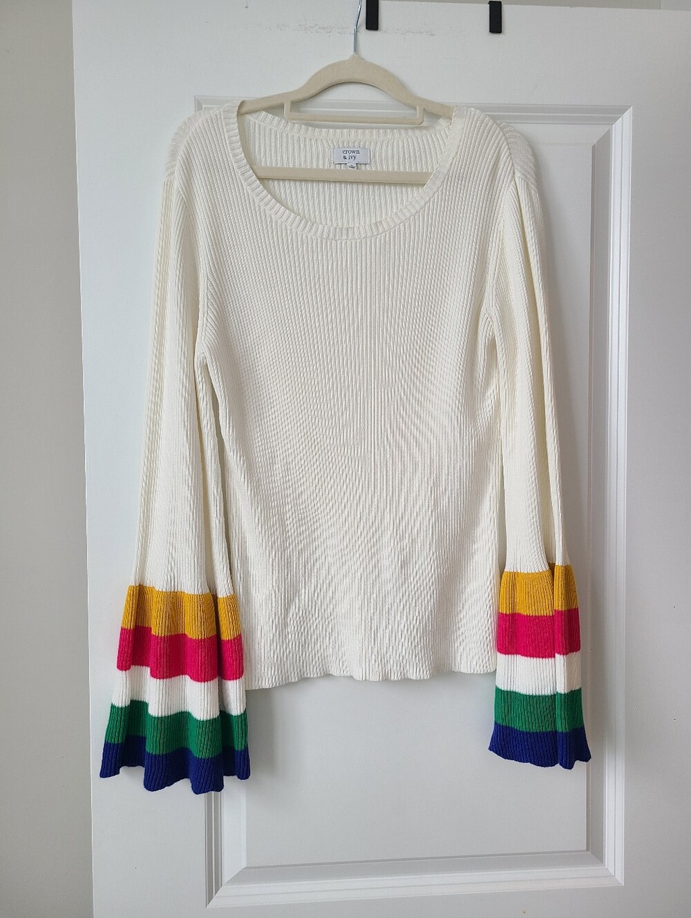 Crown & Ivy Rainbow Bell Sleeve Ribbed Sweater